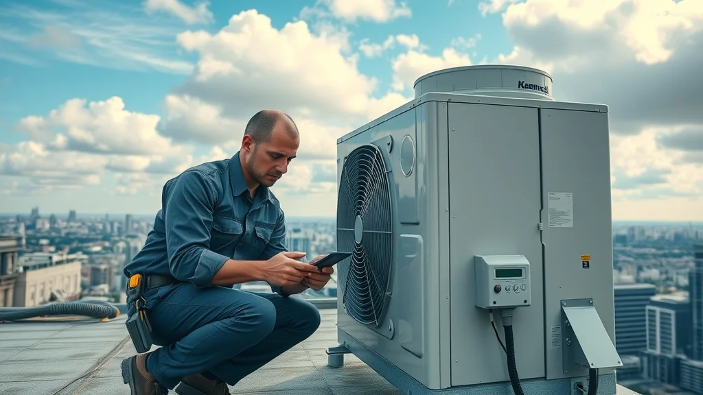 Commercial HVAC summer preparation: HVAC technician inspecting a large rooftop air conditioning unit on a Virginia high-rise roof