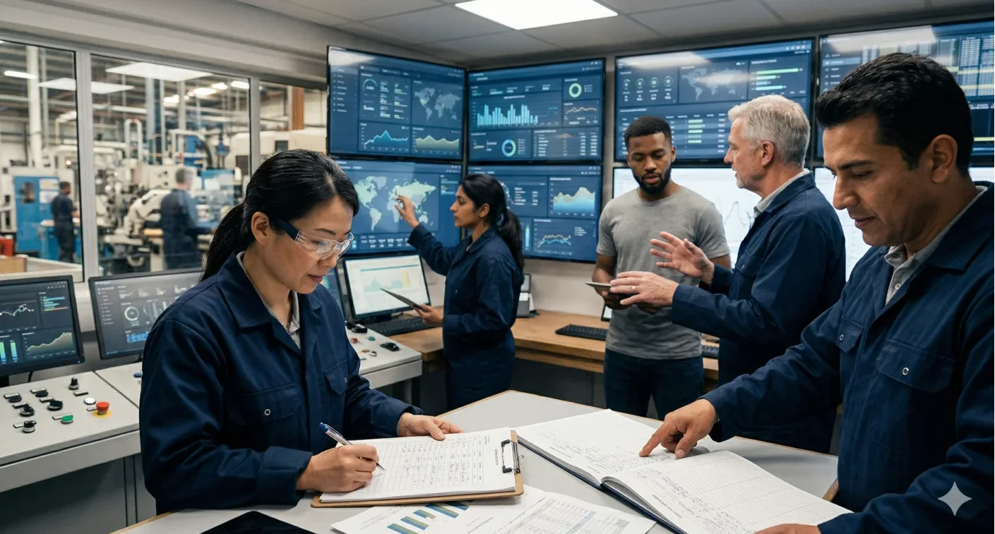 Modern manufacturing operations with workers interacting with digital dashboards and paper reports in a control room showcasing the need for agentic AI manufacturing