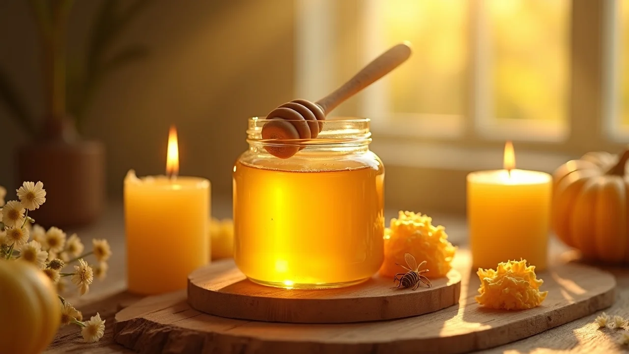 Creamy functional honey product Honey Plus in a jar with honeycomb and pollen on a rustic wooden table under warm sunlight