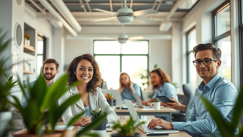 Commercial HVAC summer preparation: Comfortable modern office with visible air vents and productive employees on a summer day