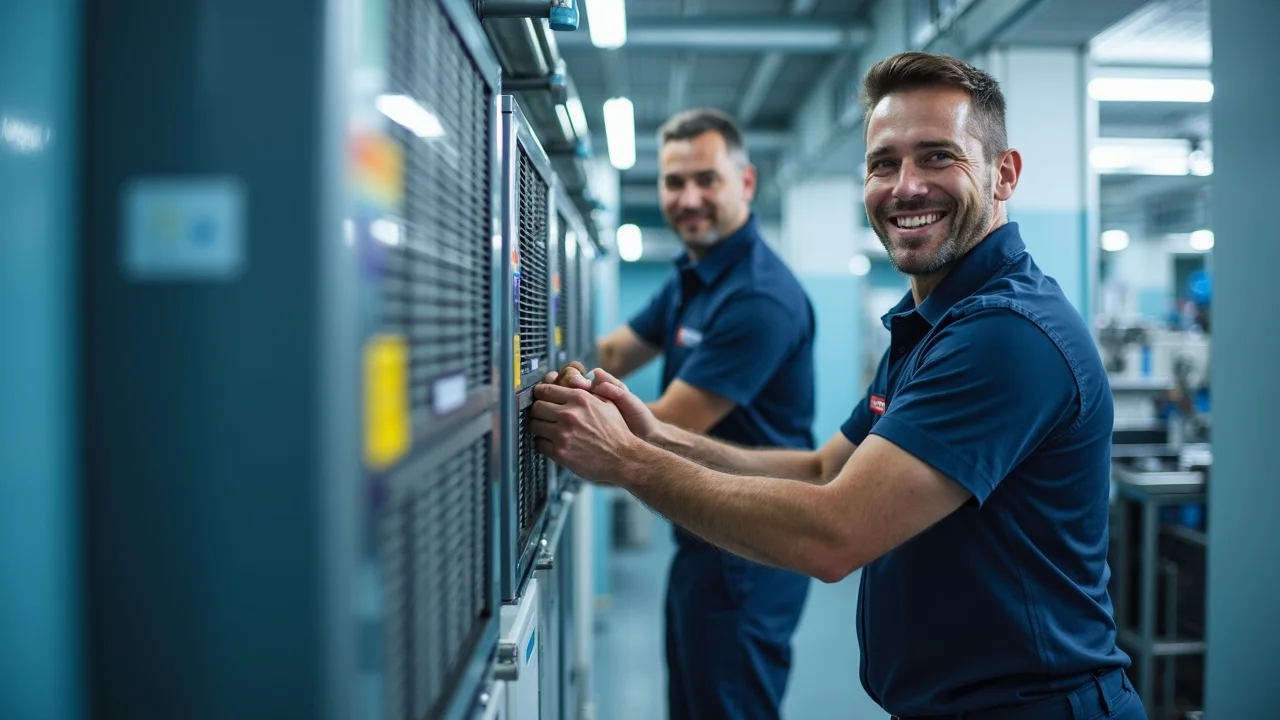 Commercial HVAC summer preparation: Technicians installing modern energy-efficient commercial HVAC equipment in Virginia