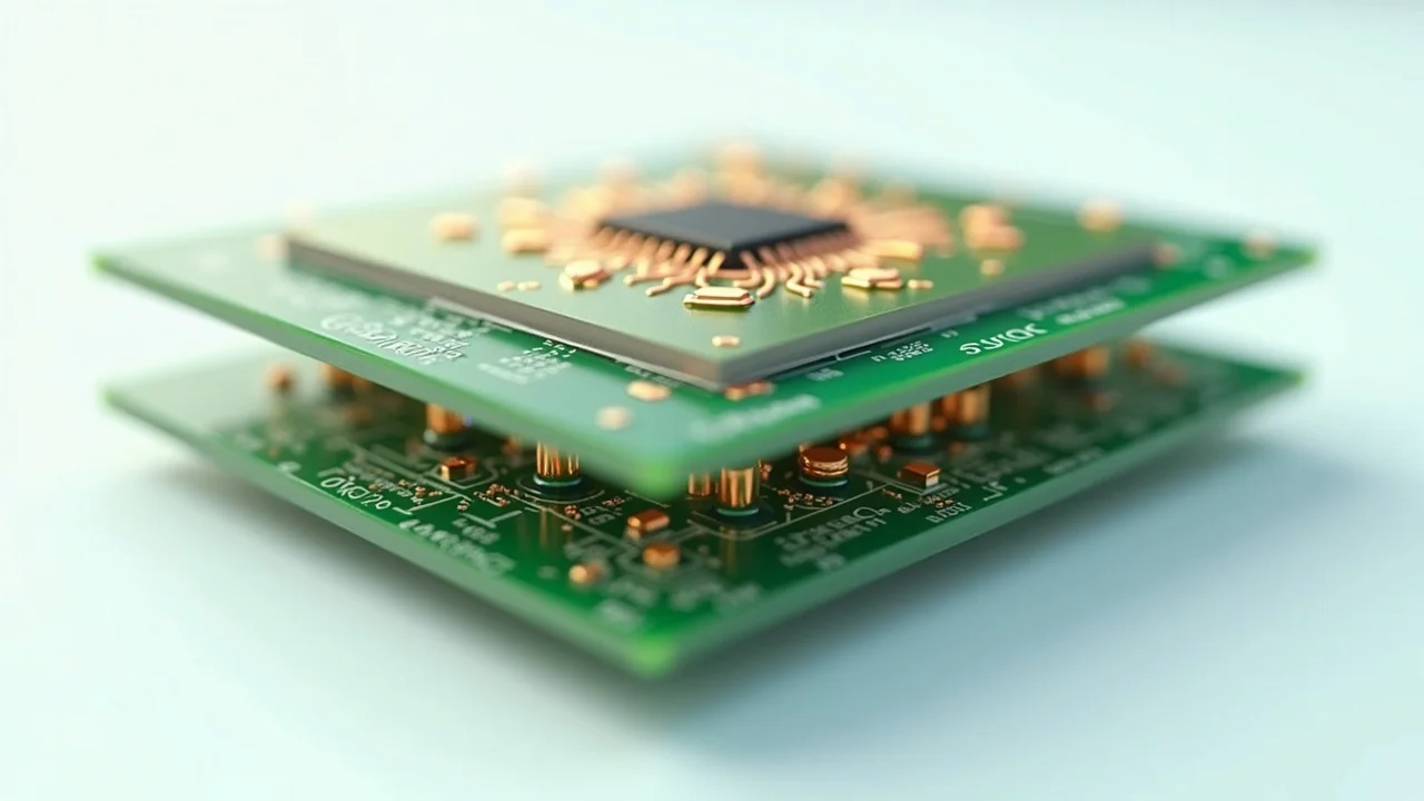 Cross-sectional view of multilayer PCB showing embedded resistive layers and copper traces