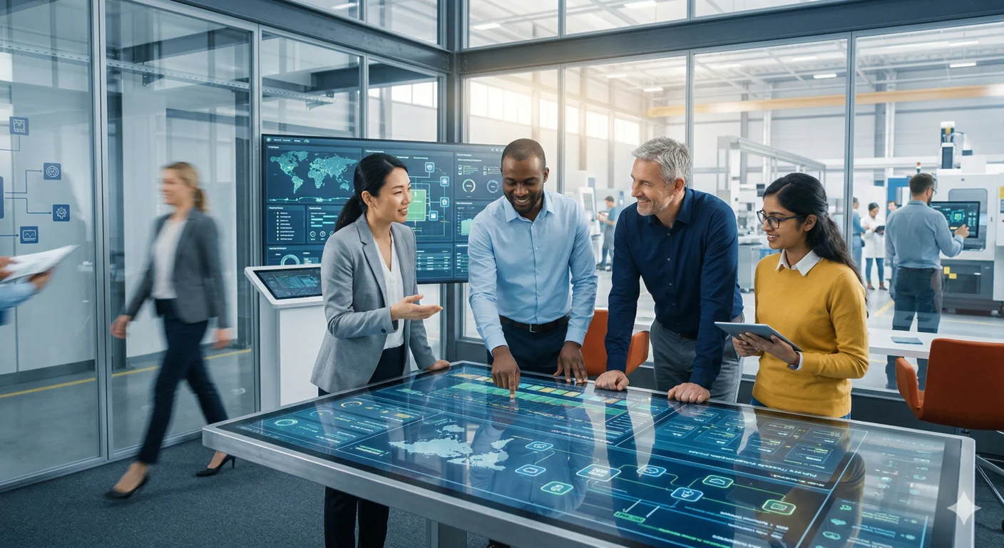 Smart factory ecosystem with collaborative engineers reviewing a digital factory-wide optimization dashboard empowered by agentic AI manufacturing