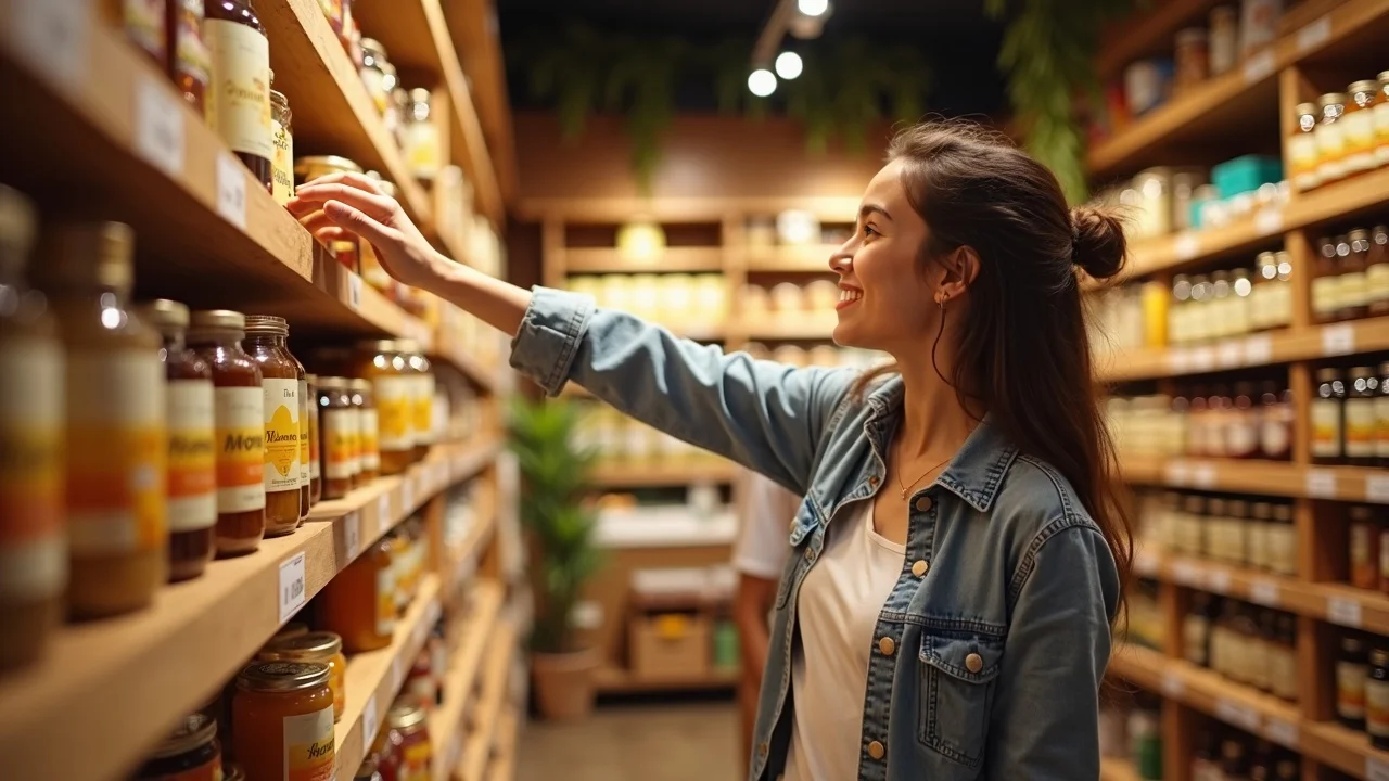 Modern young adult selecting a jar of labeled functional honey products in a health food store aisle