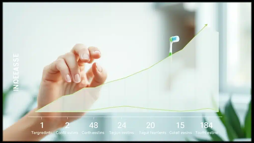 Hand pointing at a graph showing the increasing trend in natural oral care product usage, with a toothbrush icon at the peak, emphasizing the growth of natural ingredients in dental hygiene.