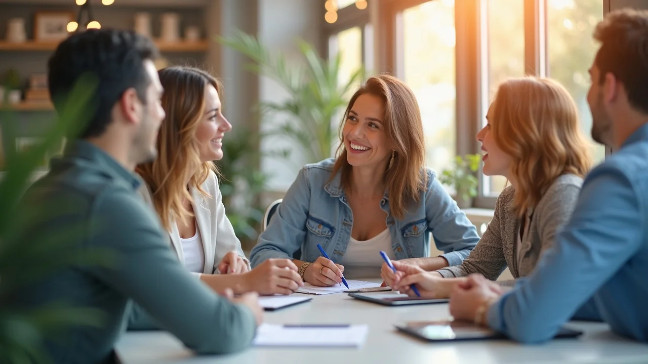 Professional Orange County business team collaborating in modern coworking space