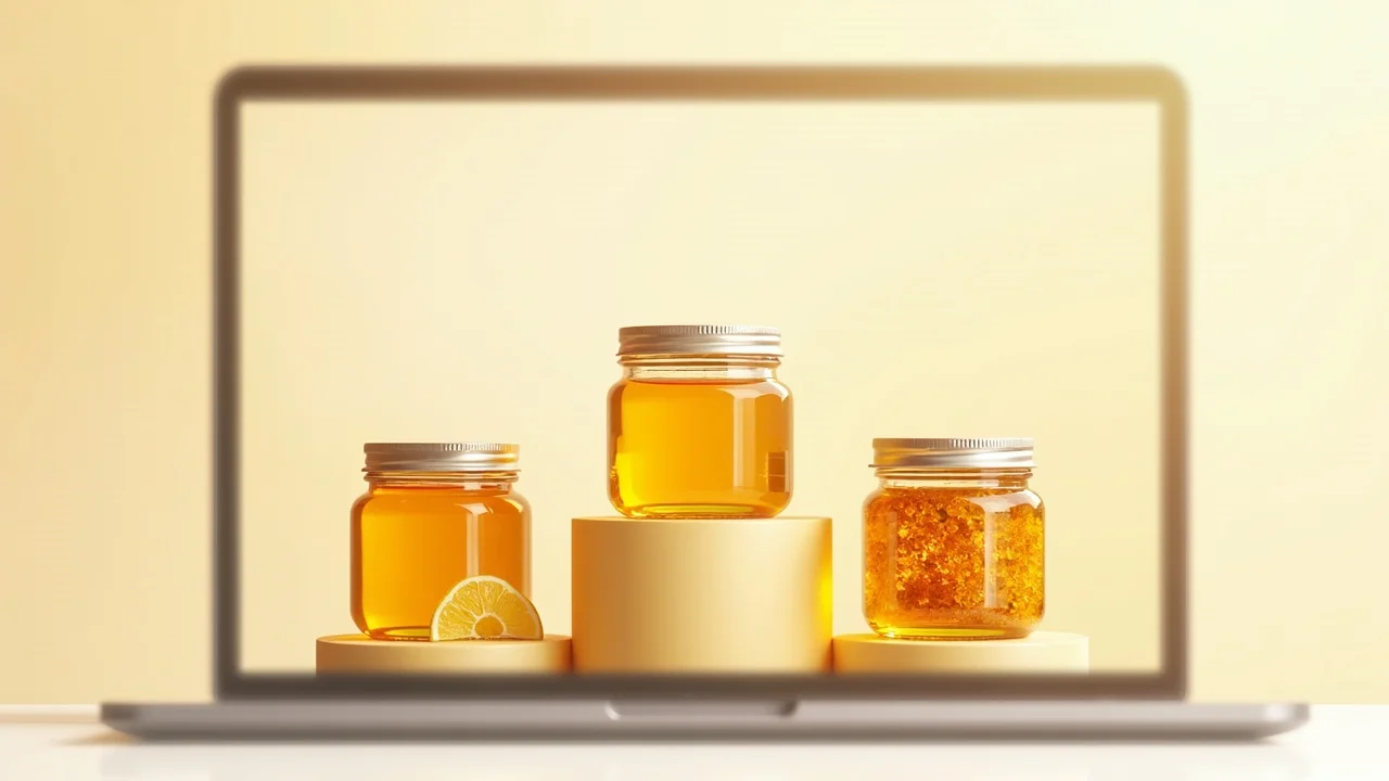 Digital mockup of an ecommerce website homepage featuring a lineup of functional honey products with ingredient highlights