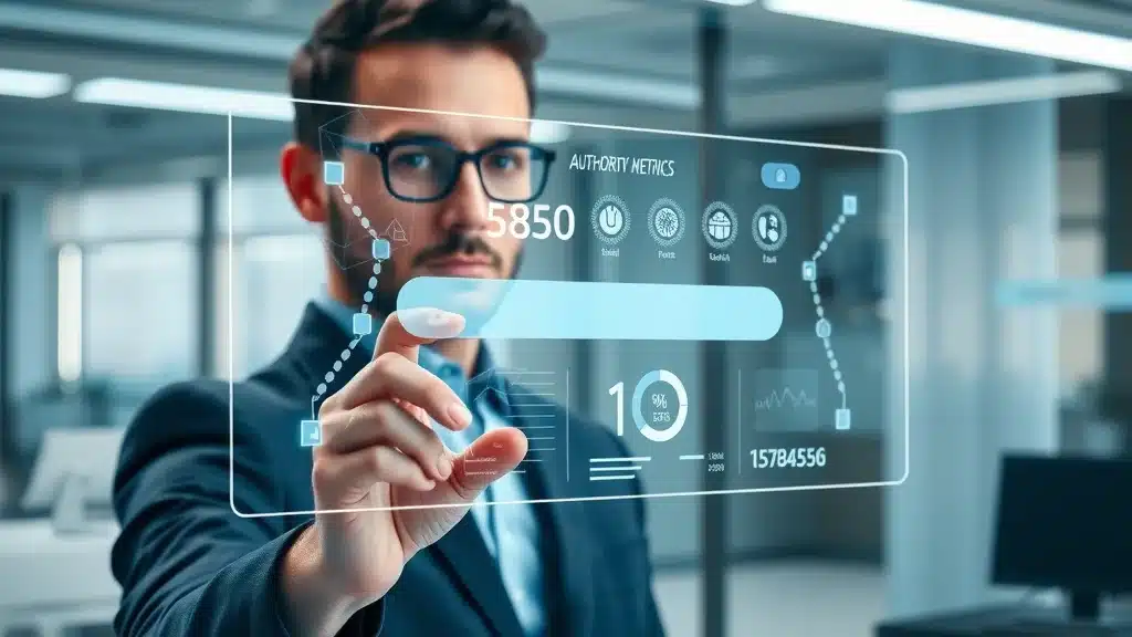 Business professional interacting with a transparent digital display showing authority metrics and analytics, emphasizing the importance of structured authority in AI-driven search optimization.