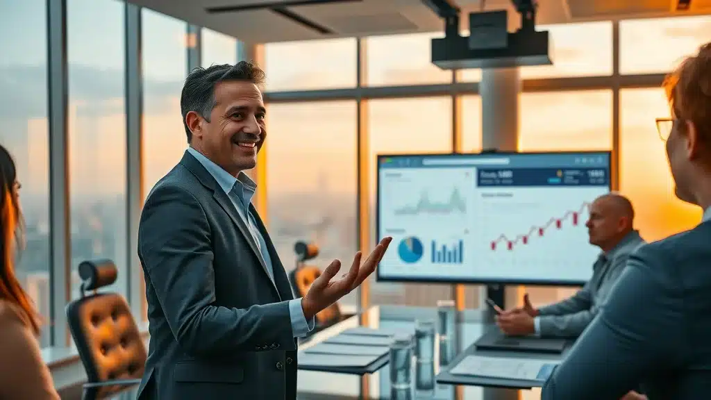Business professional presenting data insights in a modern office with city skyline view, engaging audience with charts on digital displays, emphasizing authority in AI-driven market strategies.
