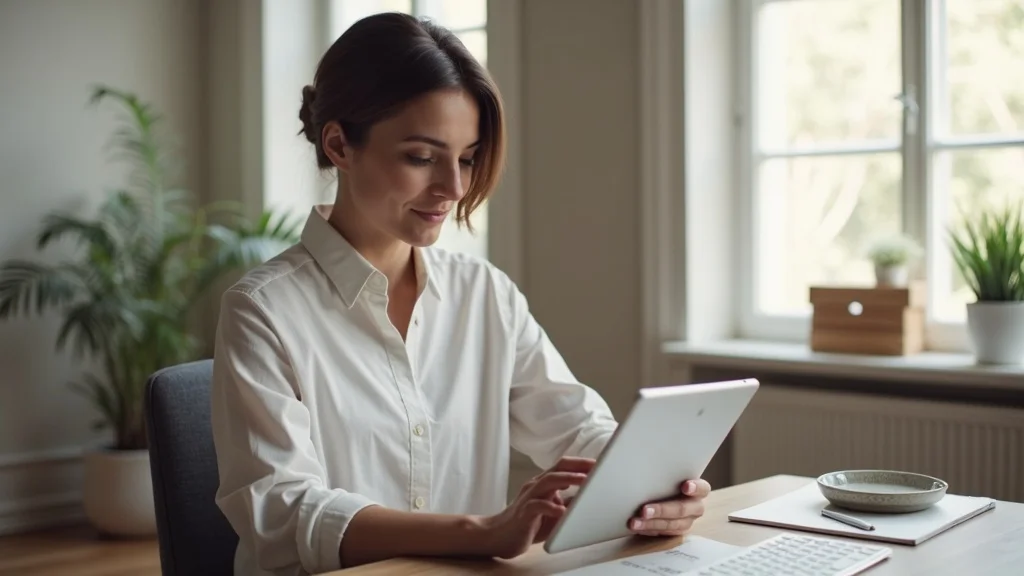 Focused founder reviewing selective high-quality media outlets on a tablet, symbolizing the value of quality over quantity in startup media exposure