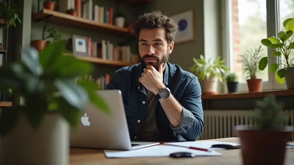 Entrepreneur thoughtfully reviewing media strategy in a cozy office