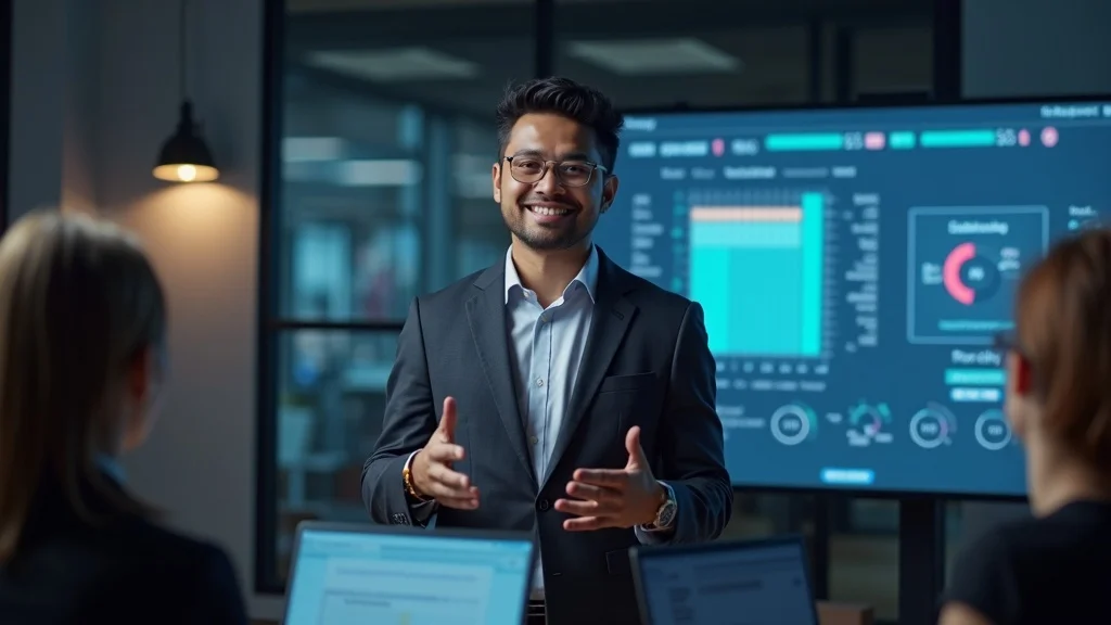 Dynamic tech startup founder presenting innovative ideas to an engaged team in a modern office, illustrating AI's influence on startup visibility