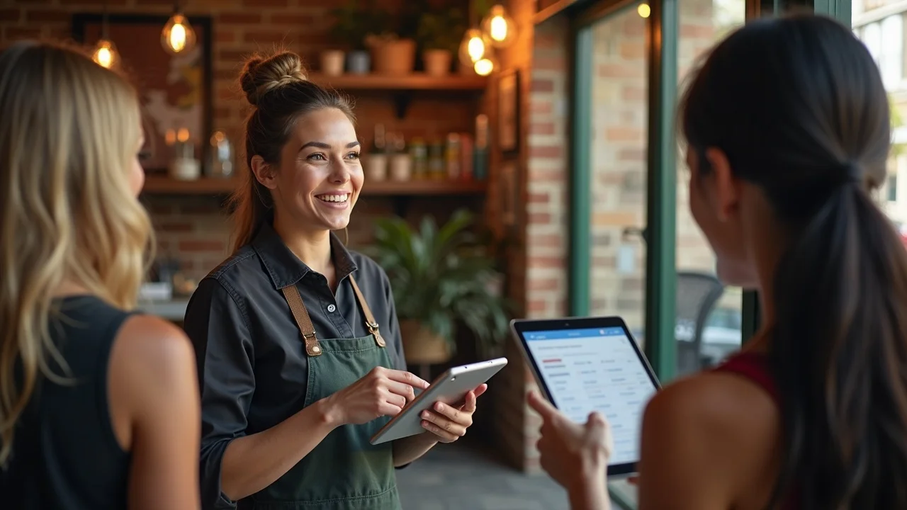 Helpful local business representative explaining pricing and services on digital tablet relevant to ai citations for local businesses