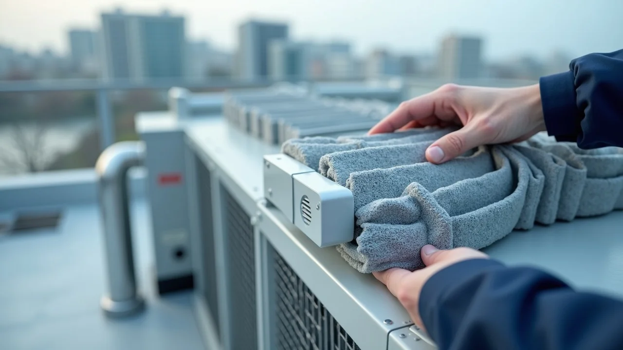 Preventive HVAC maintenance Virginia: technician changing clean air filters on commercial HVAC system on rooftop