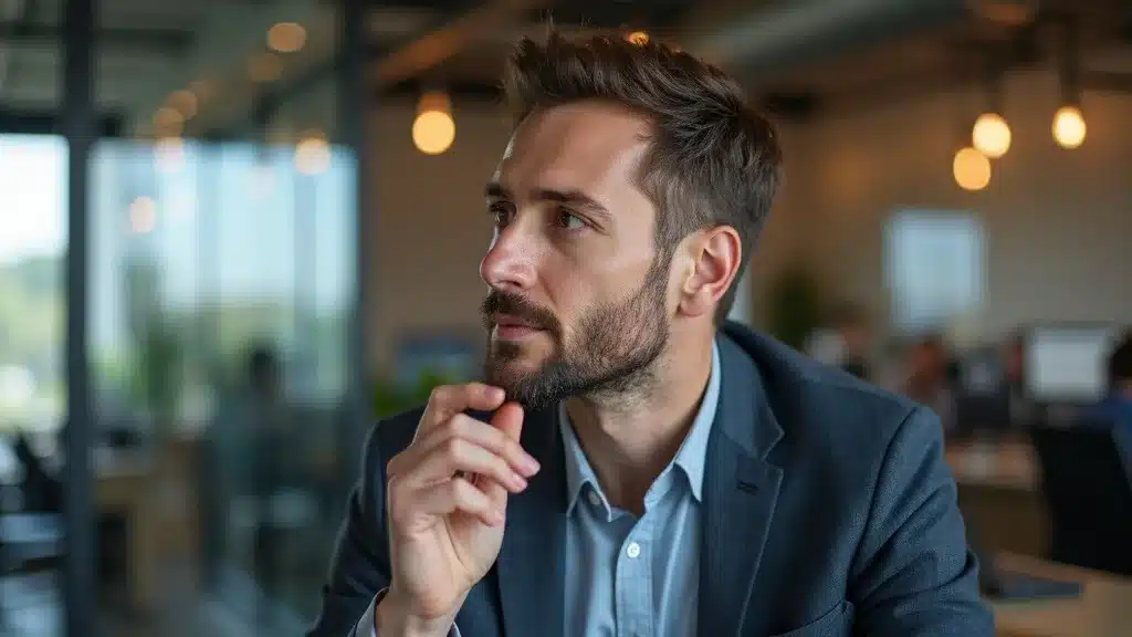 Startup founder thoughtfully sharing their story in a modern office