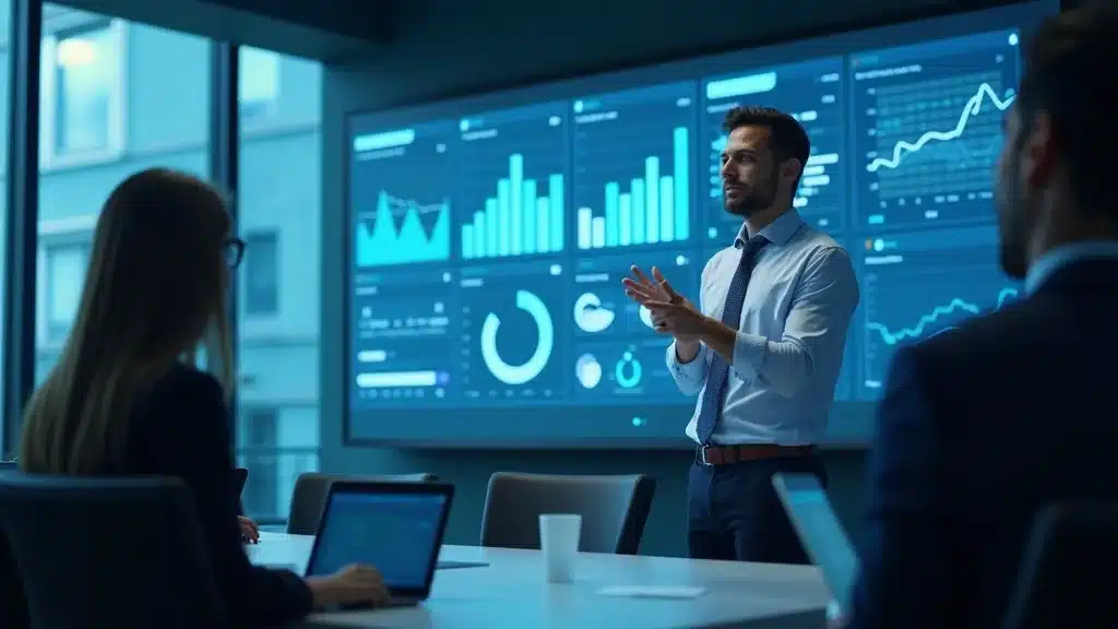 Founder credibility AI age: Focused AI startup founder explaining data analytics in a high-tech meeting room with digital interfaces