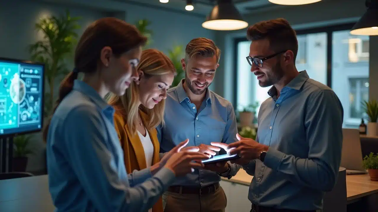 Founder credibility AI age: Diverse startup founders collaborating in a modern AI-focused coworking space with interactive digital tools