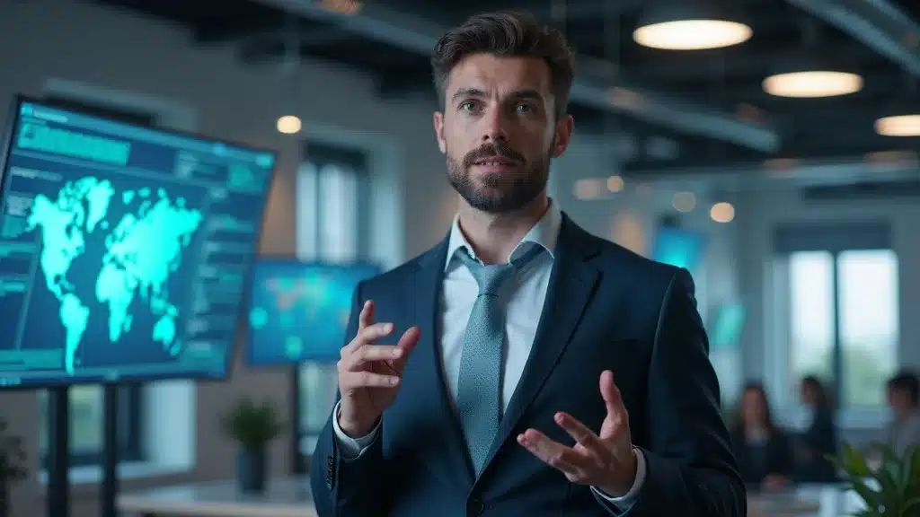 Founder credibility AI age: Confident AI startup founder presenting innovative ideas in a modern office with digital screens