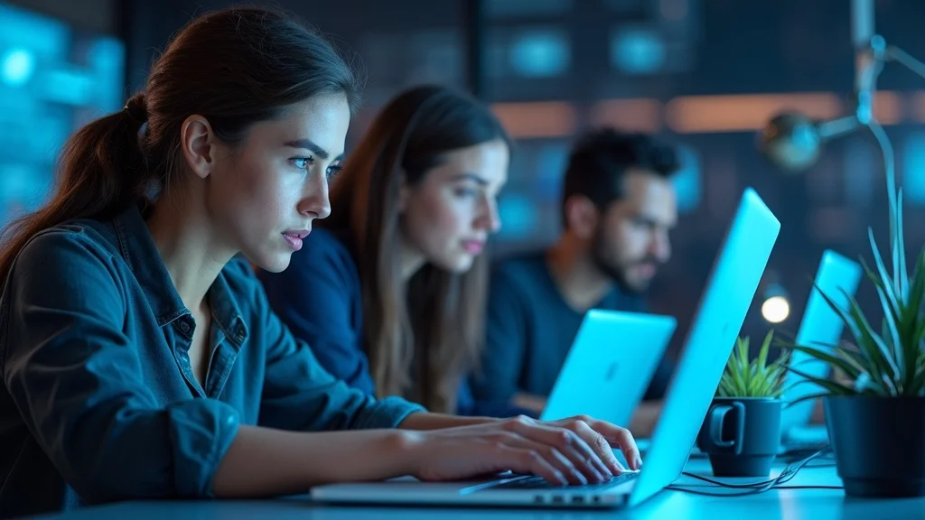 Innovative generative AI tools being used by a startup team in a high-tech workspace, illustrating AI's role in enhancing startup visibility
