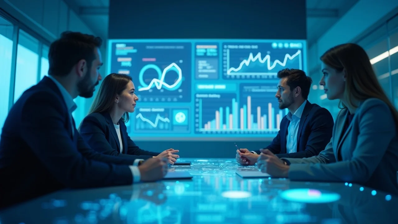 Striking data visualization of startup trends depicting business professionals analyzing digital charts in a high-tech conference room, representing the future of startup visibility