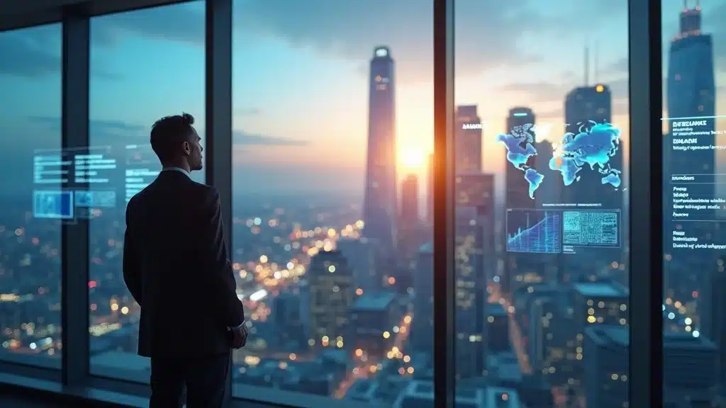 Founder credibility AI age: Determined AI founder stands in front of digital city skyline with AI data visualizations in modern office