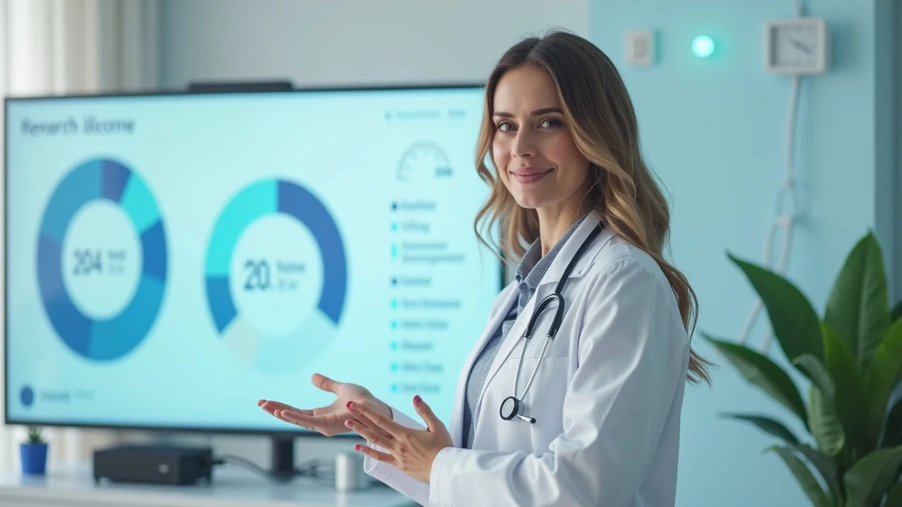 Insightful wellness expert presenting research findings on CBD physical recovery in a modern clinic