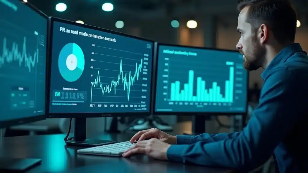 Startup founder analyzing PR and media coverage impact metrics on digital screens