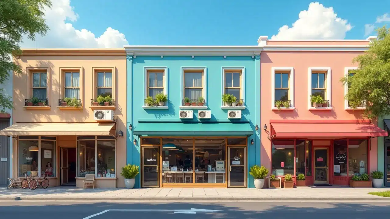 hvac failures virginia summer: restaurant, medical office, and retail commercial buildings with air conditioners visible