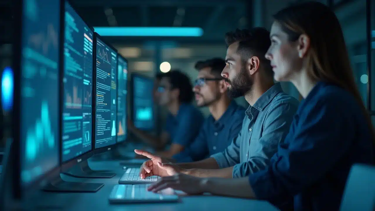 Diverse startup team analyzing AI-driven data on digital screens