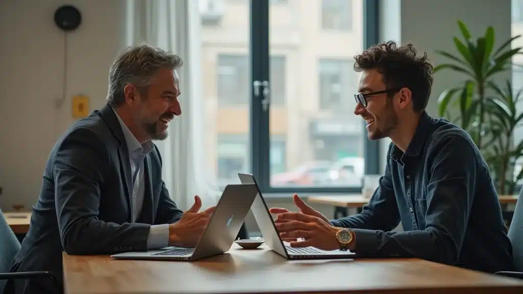 Founder credibility AI age: Experienced corporate and young AI startup founders engaged in friendly discussion in modern startup office