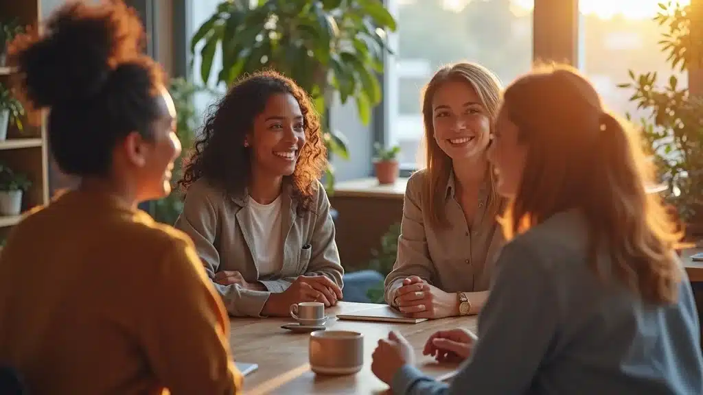 Diverse startup founders sharing authentic stories in a creative office