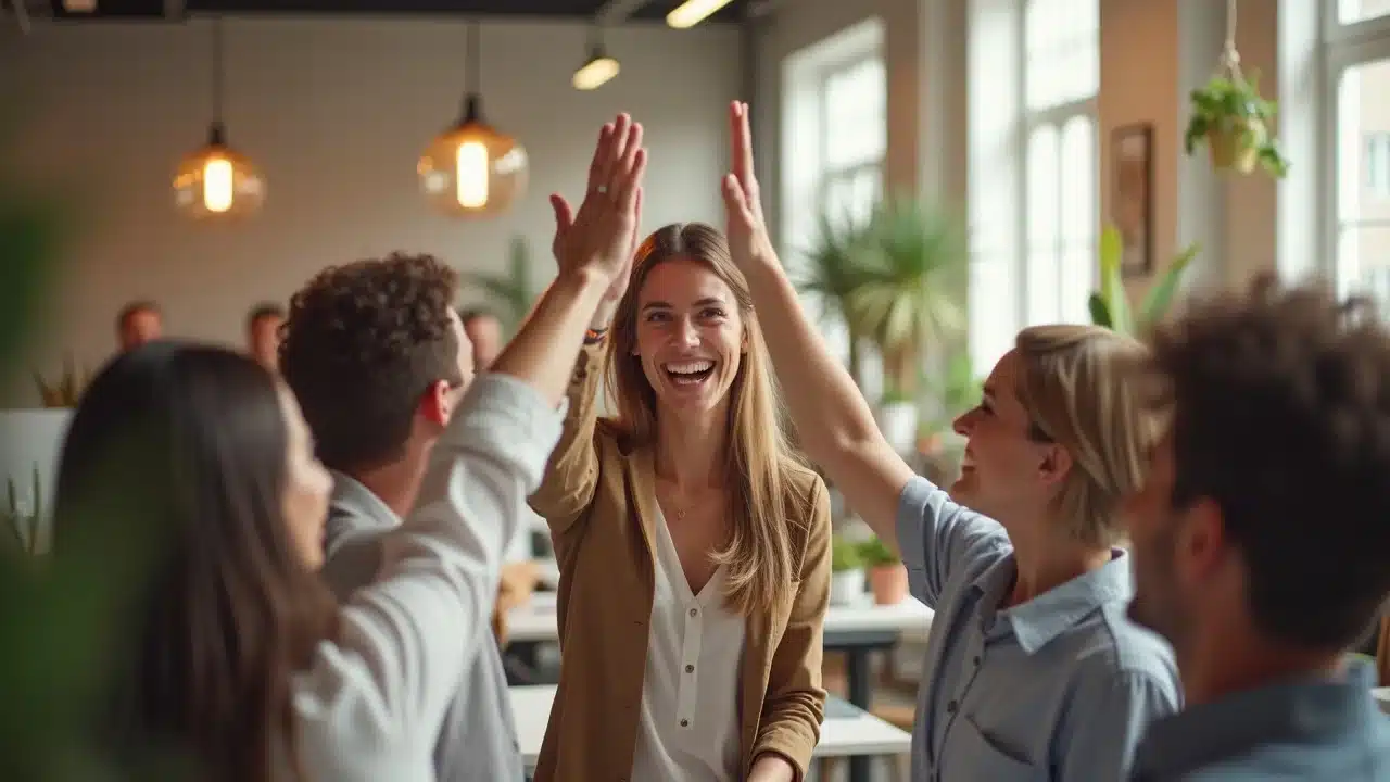 Optimistic founder celebrating team achievement, illustrating successful startup story