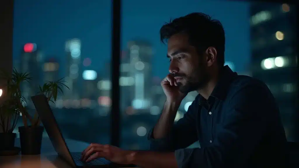Founder credibility AI age: Thoughtful AI startup founder working late in a modern workspace with city lights in the background